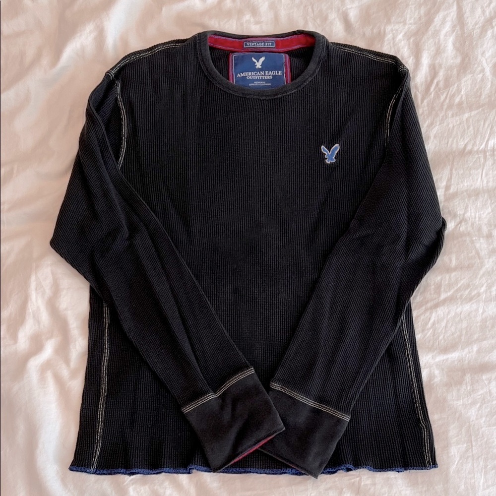 American Eagle Outfitters Men's Black Long Sleeve Waffle Knit Thermal Top